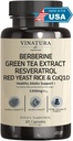 VINATURA Berberine HCL & Ceylon Skořice - Červená kvasinková rýže & CoQ10 1300mg na servírování * USA Made & Tested * Zdravé hladiny se Zeleným čajem Extract, Resveratrol, hořčík, Glycinát, Chromium Pikolinát