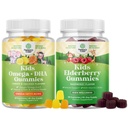 Svazky dětí DHA Omega 3 gumové - mastné kyseliny Omega 3 6 9 pro mozkovou imunitní sílu a vizi - Nutriční DHA a Sambucus Elderberry gumové pro zdraví dětí - Zinek a vitamin C pro imunitní podporu