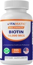 Vitamatic Biotin 10 000 mcg (10 mg) pro silnější vlasy, kůže a nehty - 365 Veganských tablet - také nazývaný vitamin B7