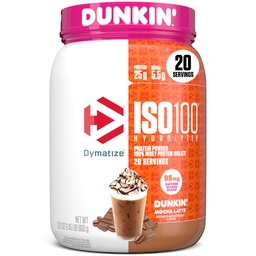 Dymatize x Dunkin 'Mocha Latte ISO100 syrovátkový prášek, 95mg kofein, 25g proteinu, 5,5g BCAA, 120 Cal., gluten Free, 1g tuku, 1g cukru, 3g karbu (20 servisů)