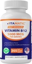 Vitamatický vitamin B12 5000 mcg - 365 Rychlé rozpuštění tablety Berry Flavor - Podporuje výrobu energie a nervový systém zdraví - Non- GMO, gluten- bez
