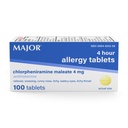 MAJOR 4 Mg Alergie Tablety - Chlorfeniramin Maleate 4- hodinová alergická medicína - Antihistamin pro úlevu od kýchání, Itchy Watery Eyes, Itchy Throat a Runny Nose - 100 Počet (1 balení)