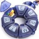 Round Weekly Pill Organizer, TPU Rubbberized, Travel Pill Container 7 Day, se 7 Velké kompartmenty, Skvělé pro denní vitamíny a doplňky, Roztomilý Pill Pouzdro s velkými písmeny a Braille (modrá)