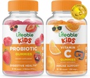 Lifeable Probiotic 2 miliardy CFU děti + Vitamin C děti, Gummies Bundle - Velký Ochutnávka, Vitamin dodatek, gluten zdarma, GMO zdarma, Žvýkací žlab