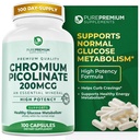 Pikolinát chromu PurePremium 200mcg - Doplňky chromu s vysokou potencí - Základní minerální zdravotní podpora pro muže / ženy - Bezlepkové - 3 měsíce Dodávka - 100 Kapsle