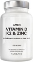 Amen Vitamin D, K2 & Zinek, Cholekalciferol D3 5000 IU, Organic All Food Blend with Apple, Blueberry, Cranberry, Elderberry Powder Fruits, Vegan Supplement, D3 K2 Vitaminy, Non- GMO - 60 Kapsle