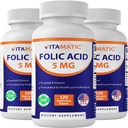 Vitamatická kyselina listová 5mg (5000 mcg) - 120 Vegetariánských tablet na láhev - vitamín B9 (folát) - 3- balení 5mg (5000 mcg); celkem 360 tablet