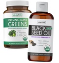 Super Green & Black Seed Oil (3-Month Supply) Bylinný olej Blend Bundle of Organic Super Greends Powder - Complete Superfood (180 Kapsle) & Organic Black Seed Oil Liquid - lisované za studena (8 fl oz)