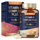 13- in-1 vitamin B Complex Plus s vitaminem B1, B2, B3 (Niacinamid), B4, B5, B6, B7 (Biotin), B8 (Inositol), B9 (Folát), B12, C, D3, K2 - Energie, Nerve, imunitní, kožní podpora - 120 Veganské kapsle