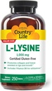 Country Life L- Lysin 1000mg s B-6, podporuje imunitní zdraví, podporuje obnovení kolagenu v rtech a ústech, 250-Počet, Certified gluten zdarma, Certified Vegan