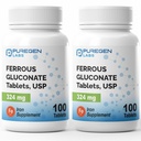 Puregen Labs Ferrous Gluconate 324 mg [High potency] Železo dodatek, Gentle on Somech Faz124; 2 Pack - 200 Tablety Celkem