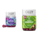 OLLY Constolly Relief 30ct, Energy Gummy 60ct - Rhubarb Prunes Amla Berry, B12 CoQ10 Goji Tropical