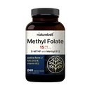 NatureBell Methyl Folate 15mg - 240 Kapsle - 5-MTHF s methyl B12-15mg L-Methylfolát & 1,000mcg vitamin B12 - Energy & Cognitive Supplement * - Gluten- Free & Non- GMO