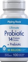 Piping Rock Probiotic a Prebiotic pro ženy a muže 124; 50 Miliardy CFU 124; 100 Kapsle 124; Ultimate 14 Stuin dodatek 124; Vegetariánské, Non- GMO, gluten zdarma