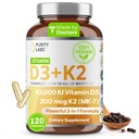 Labs pro čistotu Vitamin D3 K2 10000 IU, (250mcg) D3 + 200mcg K2 MK7 - Doplněk pro imunitní podporu vylepšený o bioperin - doplňky pro denní obranu, kosti, svalovina a zdraví kůže - 120 Kapsle