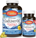 Carlson - Cod Jaterní olejové drahokamy, 460 mg Omega-3s + vitaminy A & D3, Wild- Catched Norsky Arctic Cod Jaterní olej, Udržitelně sourced Nordic Fish Oil Capsules, Lemon, 180 Softgels