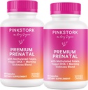 Pink Stork Premium Prenatal Vitamin pro ženy - Multivitamin & Probiotika - Ranní nemoc, potrava, & Energie - Folát, B6, & železo - 60 Kapsle - 2 Pack