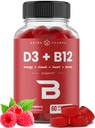 NutraChamps Vitamin D3 & B12, Methyl B12 Gummies pro dospělé a děti, Vylepšený vitamínem D 3 & B9 Vitamin Folát, Přírodní energie, Mood, Metabolismus & Focus, Malina, 60 Gummies